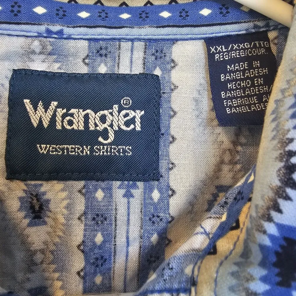 Wrangler Western Pearl Snap Shirt Mens XXL Blue Aztec Pattern Cowboy Western
